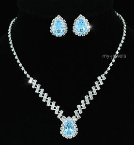 Bridal 5 Carat Blue Crystal Necklace Earrings Set XS1187