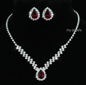 Bridal Dark Red Crystal Necklace Earrings Set XS1190