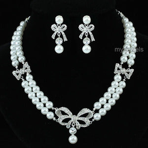 Bridal Ribbon White Faux Pearl Necklace Set XS1194
