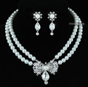 Bridal Flower White Faux Pearl Crystal Necklace Earrings Set XS1200