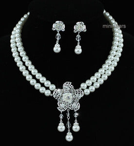 Bridal Flower White Faux Pearl Necklace Earrings Set XS1205