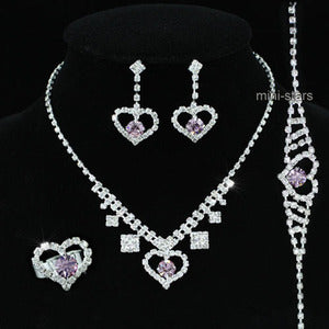 Bridal Purple Crystal Heart Necklace Bracelet Ring Earrings Set XS1209