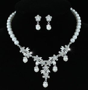 Bridal Flower White Faux Pearl Crystal Necklace Set XS1215