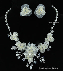 Bridal Ivory Fabric Water Pearl Necklace Earrings Set XS1218