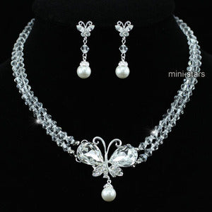 Bridal Butterfly Crystal Faux Pearl Necklace Earrings Set XS1220