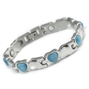 Women Stainless Steel Magnetic Health Blue Heart Cat Eye Stone Bracelet XSB152