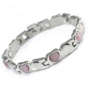 Women Stainless Steel Magnetic Health Pink Heart Cat Eye Stone Bracelet XSB153