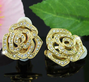 Rose Clip On Gold Plated Earrings use Swarovski Crystal XE277
