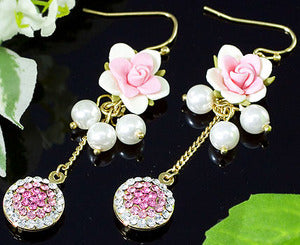 Pink Dangle Flower Earrings use Swarovski Crystals XE309