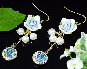Blue Dangle Flower Earrings use Austrian Crystals XE310