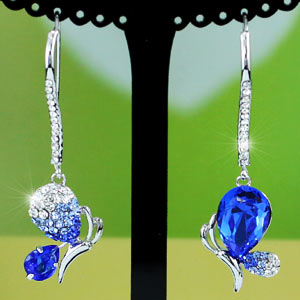 Blue CZ Created Stone Butterfly Earrings use Austrian Crystal XE379