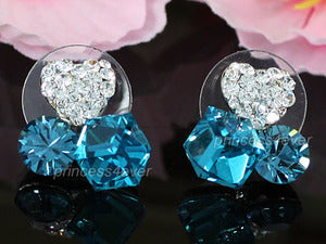 Sparkling Heart Blue Cube Earrings use Swarovski Crystal XE458