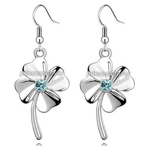 Aqua Blue Dangle 4 Leaf Clover Flower Earrings use Austrian Crystal XE477