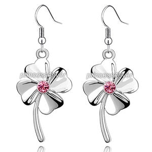 Pink Dangle 4 Leaf Clover Flower Earrings use Swarovski Crystal XE479