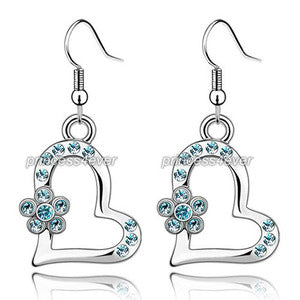 Aqua Blue Dangle Heart Flower Earrings use Austrian Crystal XE481