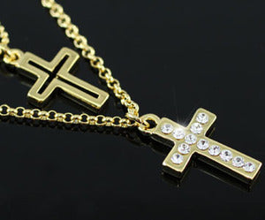 Double Cross Gold Necklace use Austrian Crystal XN202