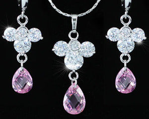 Mickey Pink CZ Created Stone 18K Necklace Earrings Set XN247