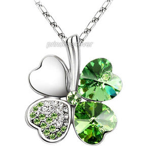 Green 4 Leaf Clover Flower Heart Love Necklace use Swarovski Crystal XN309