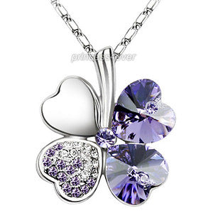 Purple 4 Leaf Clover Flower Heart Love Necklace use Swarovski Crystal XN312