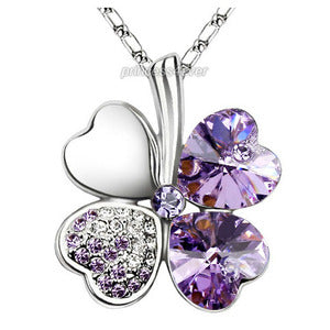 Lilac Light Purple 4 Leaf Clover Flower Heart Love Necklace use Swarovski Crystal XN313