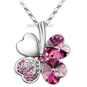 Hot Pink 4 Leaf Clover Flower Heart Love Necklace use Swarovski Crystal XN315