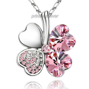 Light Pink 4 Leaf Clover Flower Heart Love Necklace use Swarovski Crystal XN316