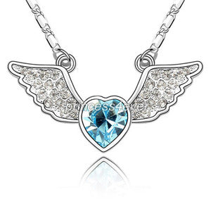 Angel Wing Aqua Blue Heart Necklace use Austrian Crystal XN338