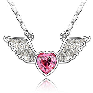Angel Wing Hot Pink Heart Necklace use Austrian Crystal XN339