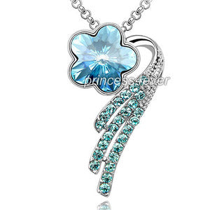 Dangle Aqua Blue Flower Necklace use Austrian Crystal XN348