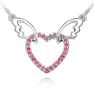 Angel Wing Hot Pink Heart Necklace use Austrian Crystal XN362