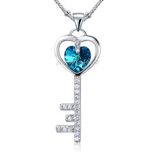 3 Carat Blue Heart Love Key Pendant Necklace use Austrian Crystal XN443