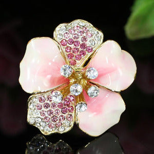Pink Ceramic Flower Ring use Swarovski Crystal Free Size XR113