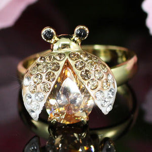 2 Carat Gold Plated Ladybug Ring use Austrian Crystal Free Size XR114