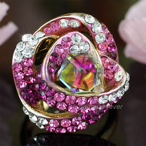 Pink Rose Flower Ring use Swarovski Crystal XR143