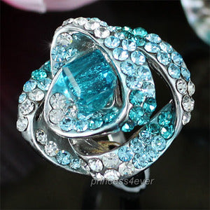 Aqua Blue Rose Flower Ring use Austrian Crystal XR146
